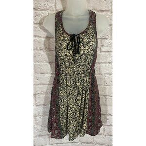 Peasant Boho Bohemian Dress Medium Tassels Snaps Racerback Crinkle Floral Ecote